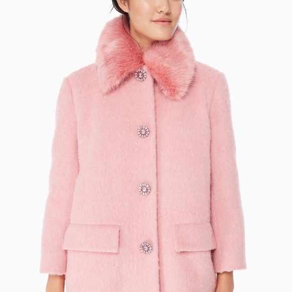 KATE SPADE •Rare• Faux Fur Trim Coat Tulip Pink Coat Jacket Size 2 - Picture 2 of 11